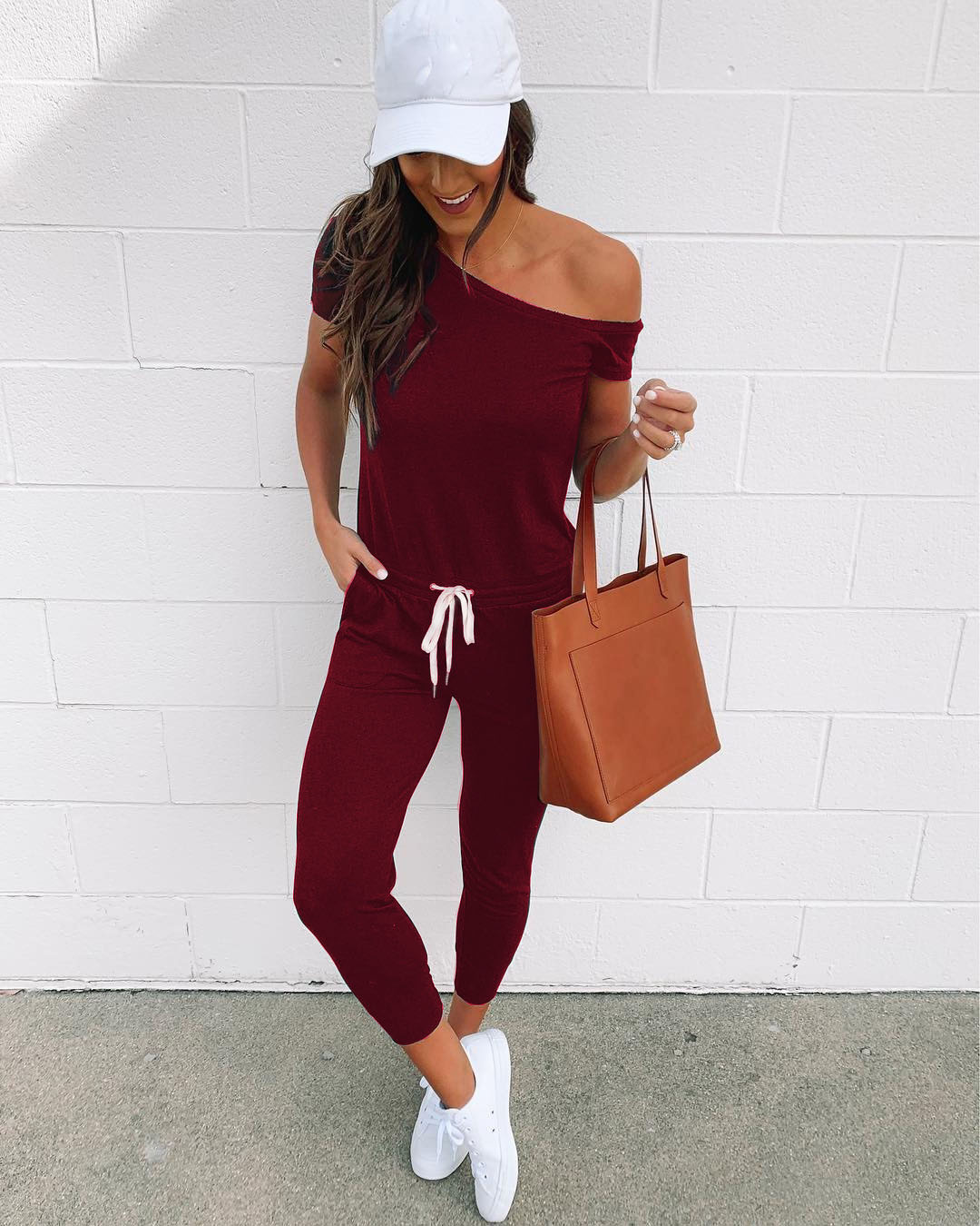 Meihuida dames zomer koude schouder homewear bodycon jumpsuits veter casual clubwear straat romper met riem: Bordeauxrood / S