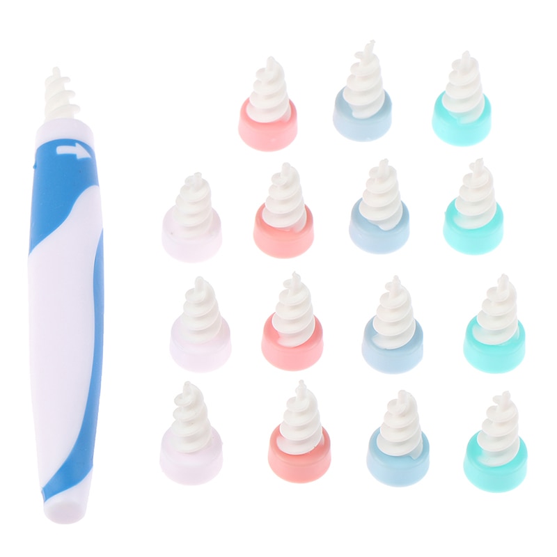 16 Tips Easy Earwax Removal Soft Spiral Cleaner Smart Ear Cleaner Earpick Swab With 1pc Earwax Remover Handle: Blue