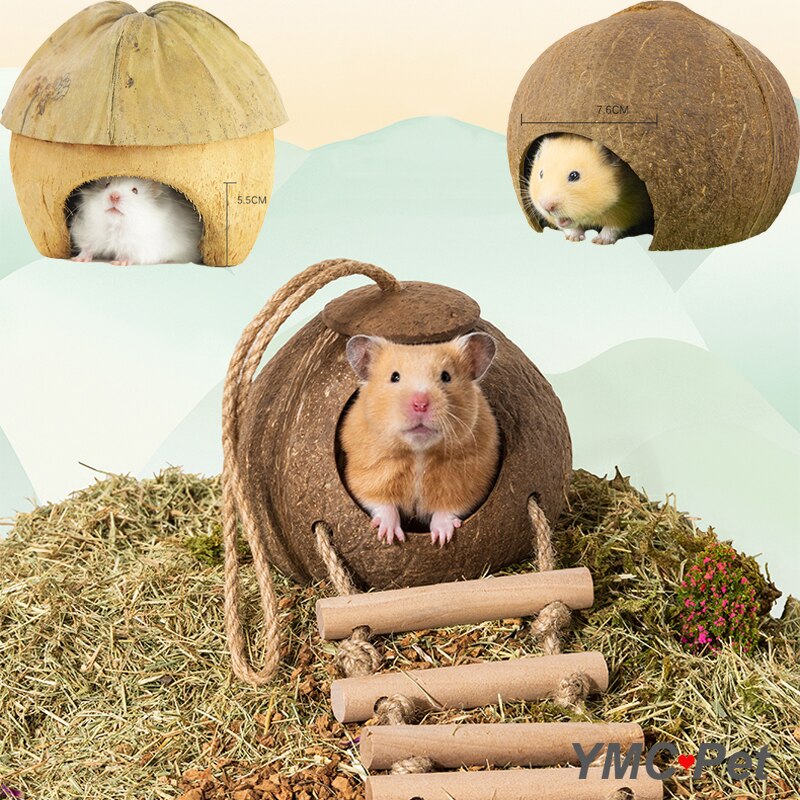 Hamster naturlig kokosnød hus lille kæledyrsskur hus senge gunie tyggelegetøj hamster tilbehør fuglebure