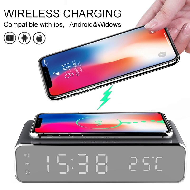 Draadloze Oplader Led Wekker Telefoon Draadloze Oplader Qi Charging Pad Digitale Thermometer Voor Iphone 11 Pro Xs X Android ios