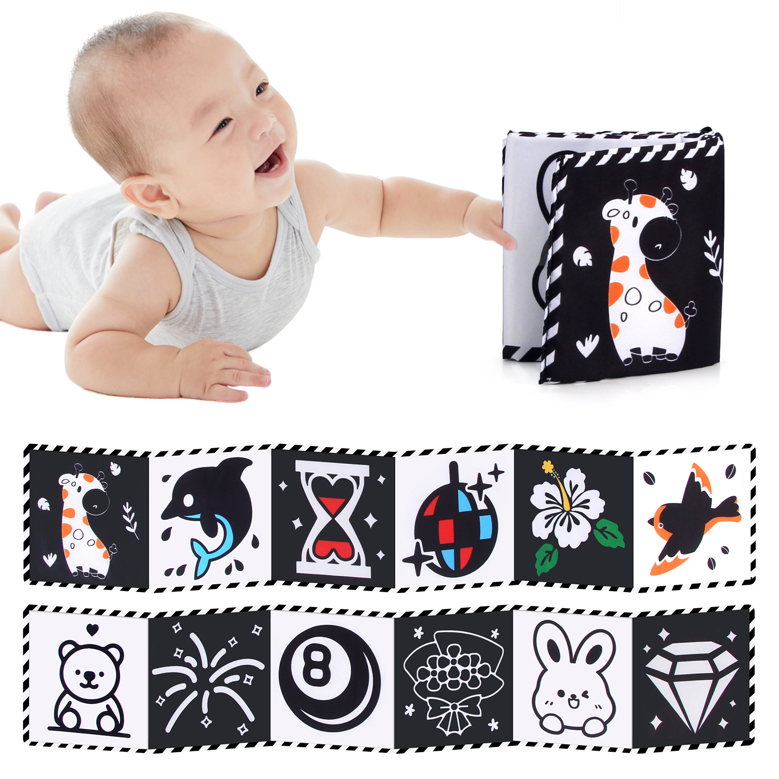 Libro de tela sensorial, juguetes para bebés de alto contraste de 0 a 12 meses, juguetes para cuna para recién nacidos, libros de tela de animales en blanco y negro, libro para bebés Montessori: Morado