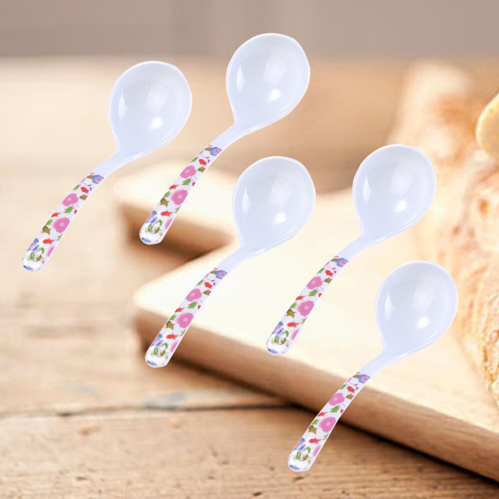 5 Pcs Soup Spoons Imitation Ceramic Long Handle Plastic Large Kitchen Ladles Soup Scoops for Eating Porridge Soup