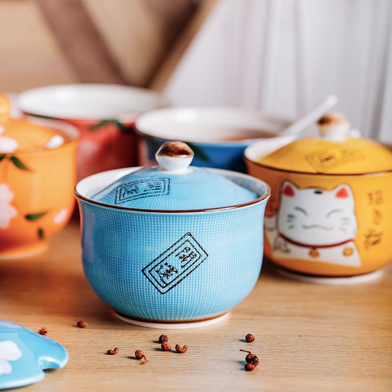 Tanque de condimentos de cerámica con forma de gato de dibujos animados japoneses, cuchara de cerámica, salero, tarro de especias, accesorios de cocina, caja
