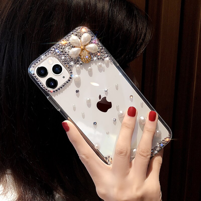 Pearl Diamond Flower Phone Case For HuaWei P40 P20 P30 lite Pro Plus P smart Z Rhinestone Cover