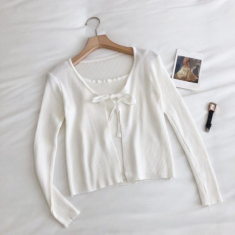 Neploe, conjuntos de cárdigan de punto para mujer, pajarita de manga larga, puntada abierta + básico ajustado, Chaleco Corto con tirantes, trajes de verano 4C691