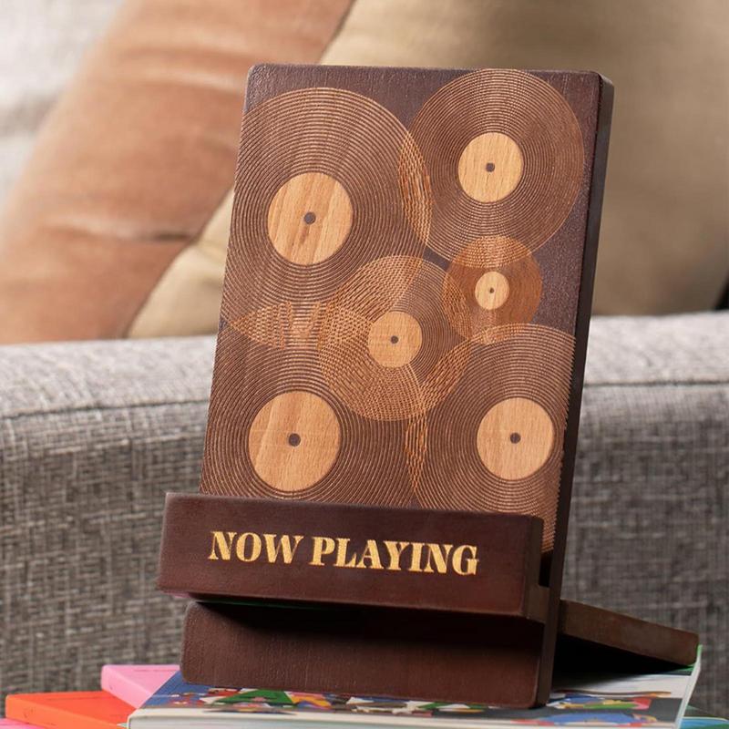 Holz-Plattenhalter, jetzt spielender Plattenspielhalter, Ständer, graviertes , Zeitungsdatei-Aufbewahrung mit erweiterter Basis, stilvolles Album