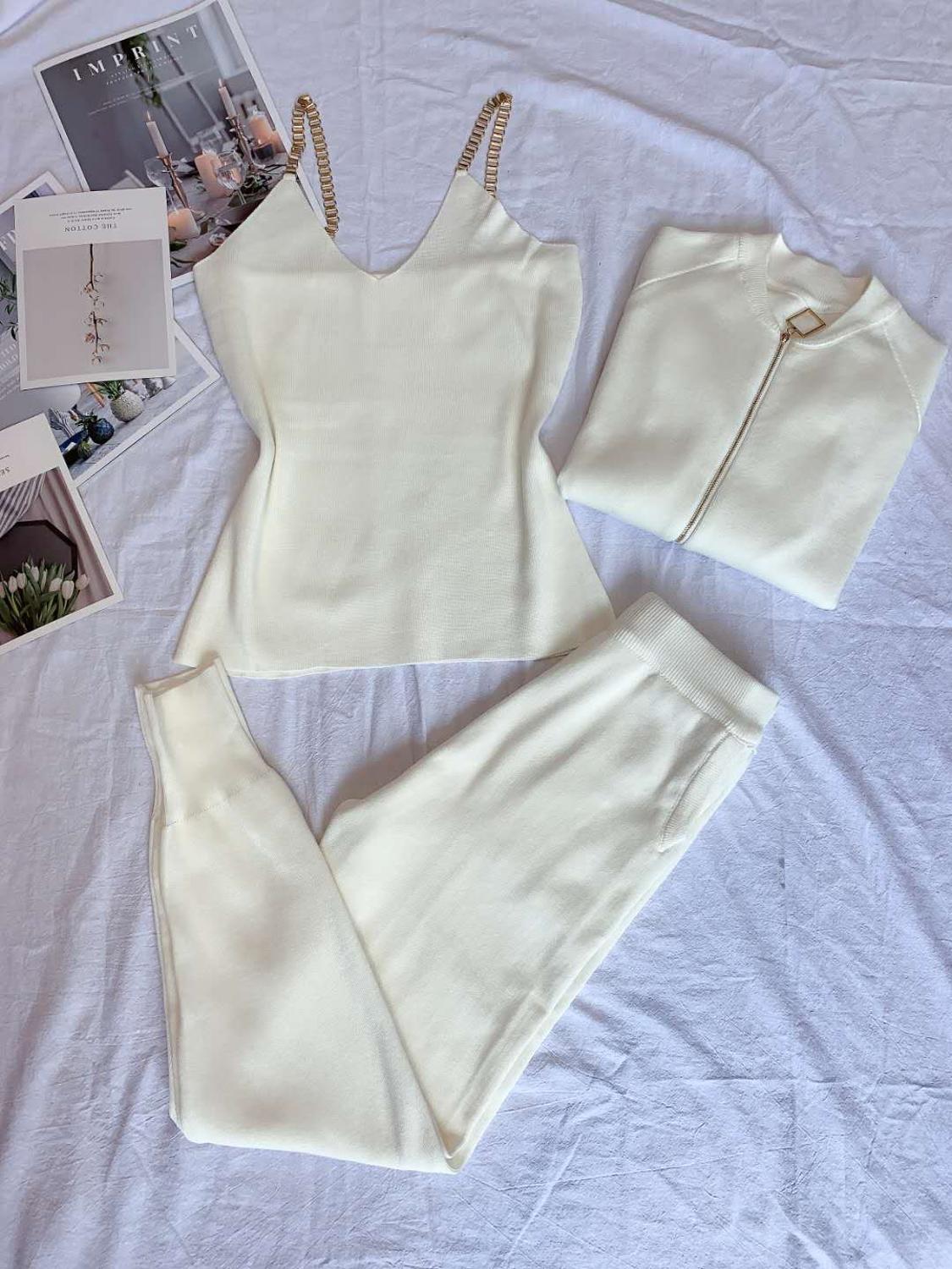 Amolapha Women Autumn Winter Knitted Vest Zipper Cardigans Pants 3pcs Sets Tracksuits Outfits: White