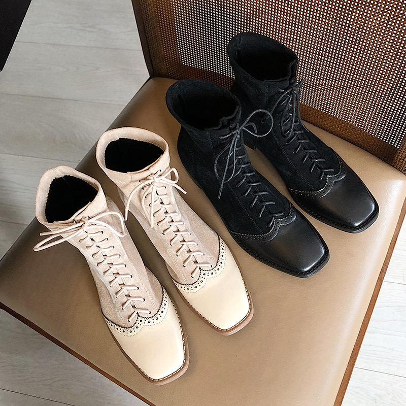 Ins dam ankelstövlar flock+kohud snörning utomhus tossor europa och amerika online kändis boots kvinnor brogue boots