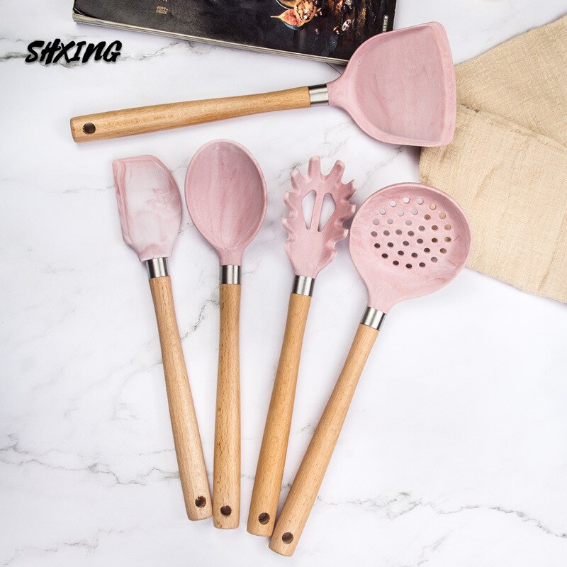 Silicone Kitchenware Cooking Accessories Set Hanging Hole Storage Stand Non-stick Cookware Spatula 7 Piece Set