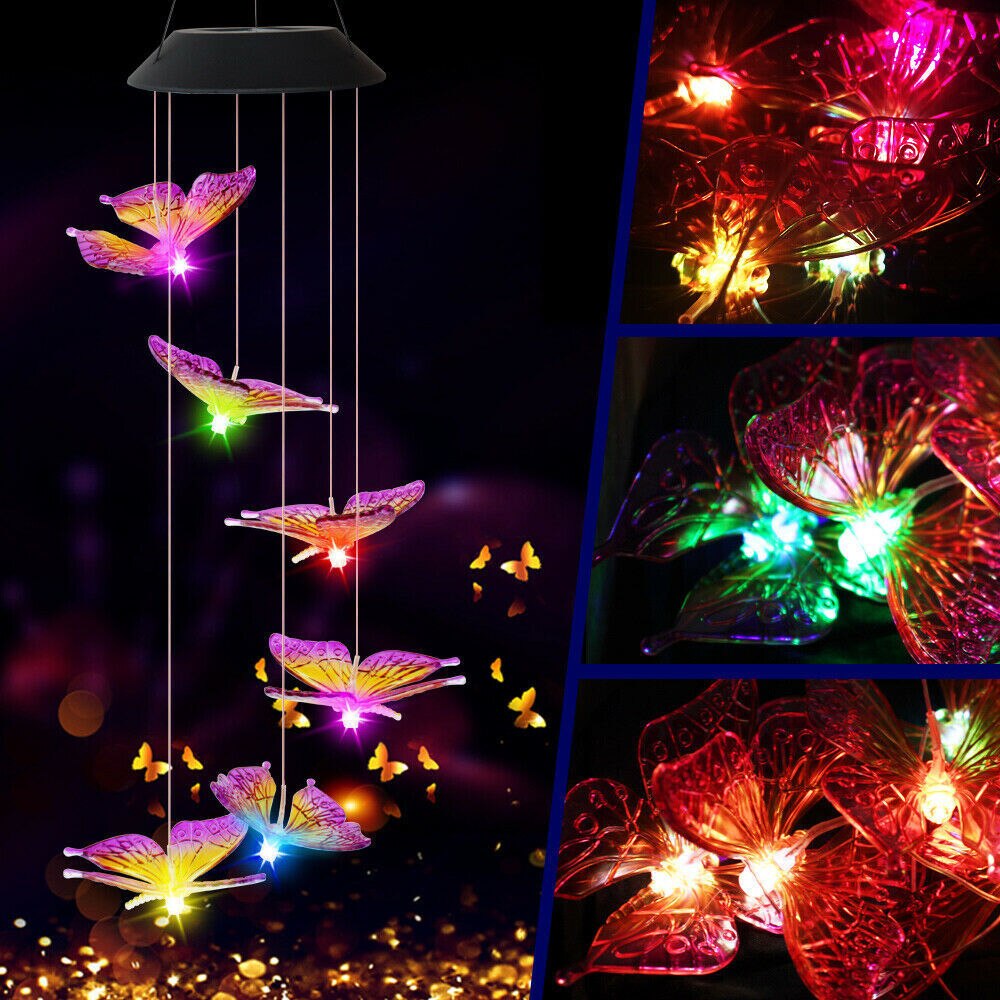 Carillón de viento Solar para exteriores, 6 LED, estilo mariposa, guirnalda de jardín impermeable, luces colgantes, lámpara Solar de decoración, Spinner de viento