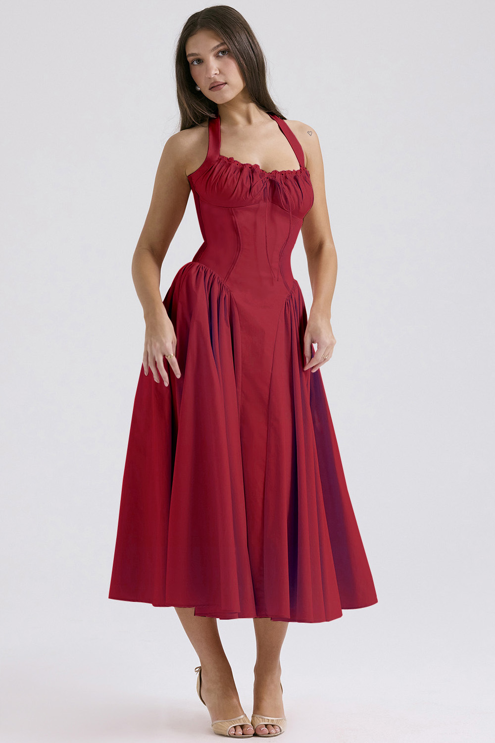 Vintage blomstret halterneck midi sommerkjole dame højtaljet pink blå sort rød kjole sommerkjoler kvinde fødselsdagskåbe: Xl / Grøn