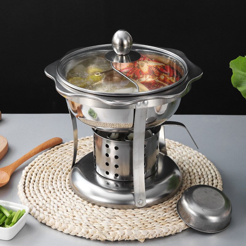 Two-flavours hotpot with divider glass lid set 17cm Stainless steel buffet heat pots alcohol stove chafing dish outdoors cook