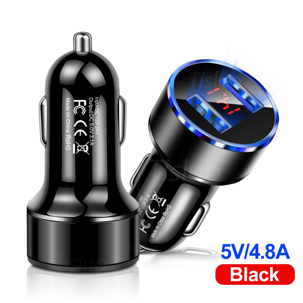 4.8A Car Charger Mobile Phone Fast Charging Adapter in Car with LED Display Quick Charge Universal Dual USB Car Charger: Black