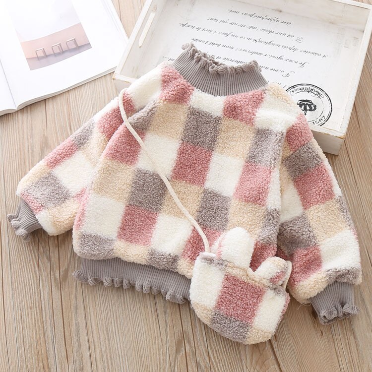Babymeisjeskleding winter wollen warme dikke dubbellaagse geruite trui pullover hoge kraag modieuze jas