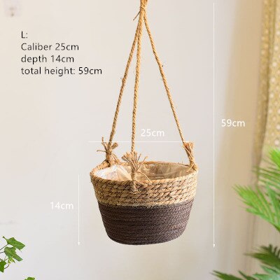 Thuis stro bloempot hangmand hangende orchideeënpot hangpot bloem huisdecoratie bloemenmand bloempot: Bruin l