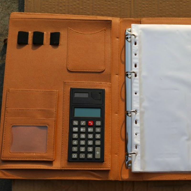 Simple Leather folder Padfolio multifunction organizer planner notebook ring binder A4 file folder office without calculator