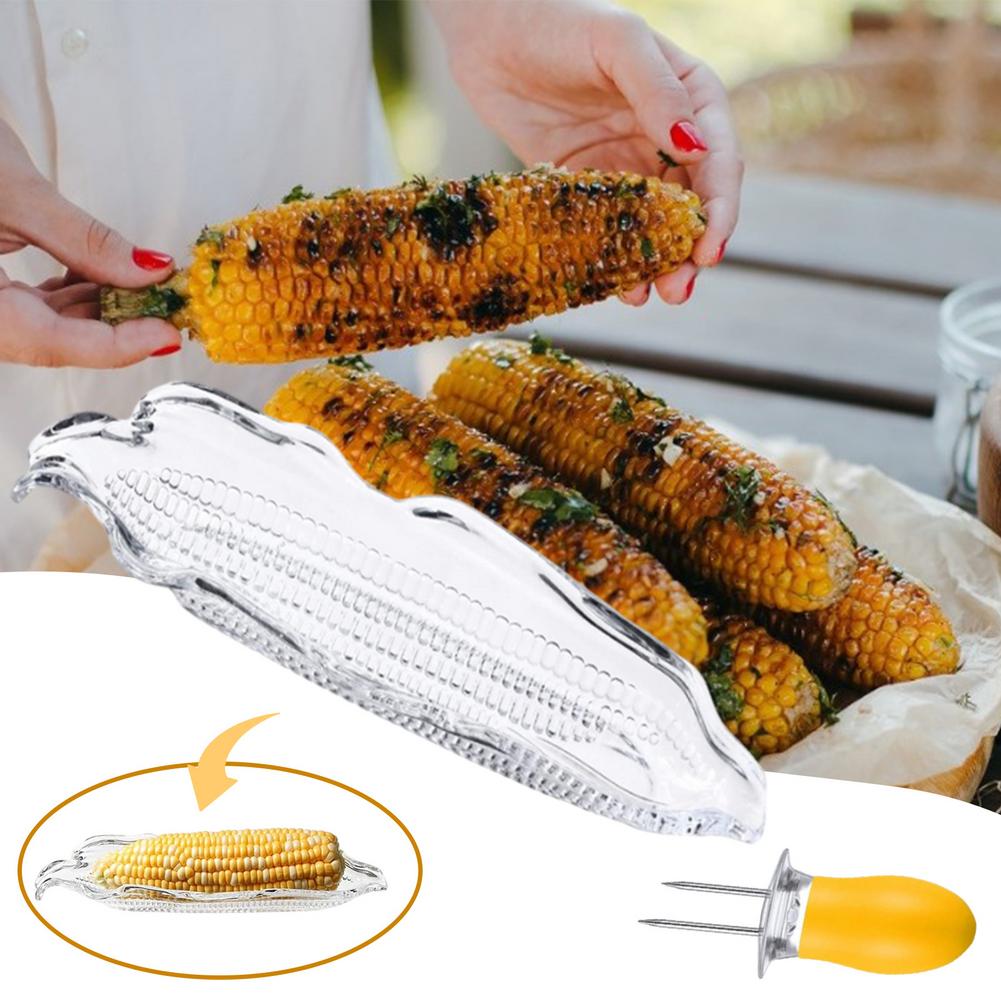 4Pcs Corn Lade En 4Pcs Corn Cob Houder Set Abs Maïs Gerechten Service Lade Transparant Cob Servies voor Boter Maïs