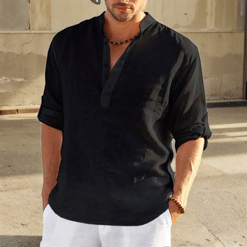 2024 lässig Bluse verlieren Baumwolle Leinen Männer Hemd Stehen Kragen Reine Lange Hülse T-Shirt Hübsche Passende oben Kleidung: XXXL / Schwarz