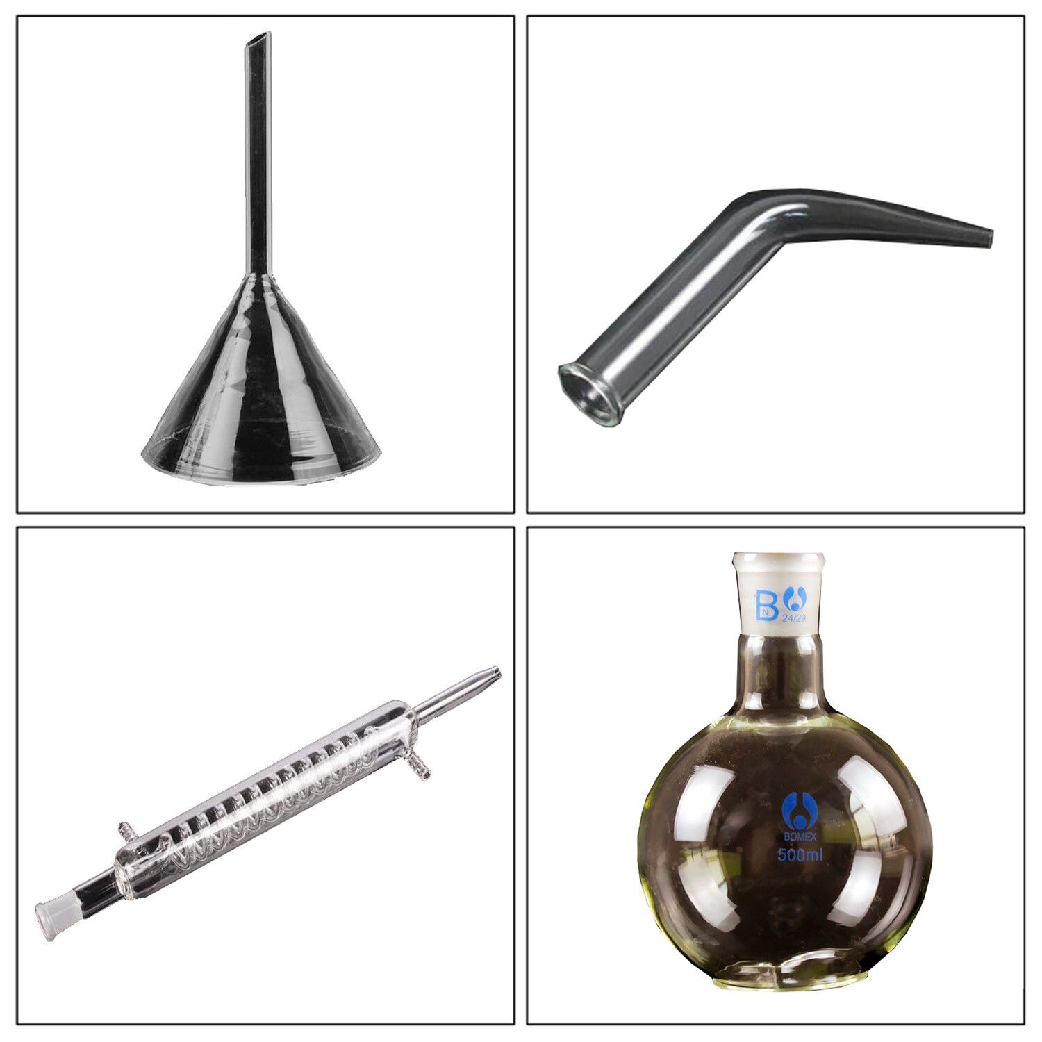 Lab Distillation Aparatus Glassware Kits:Distillation Flask,Condenser,Ox Horn Tube, Separatory Funnel, Flat-bottomed Flask