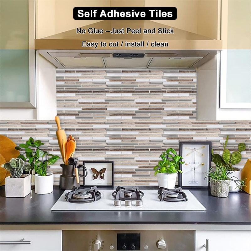 Køkken badeværelse boligindretning selvklæbende mosaik fliser vægoverføringsbillede diy vinylglas grå aflang 3d skal og pind  -1 ark