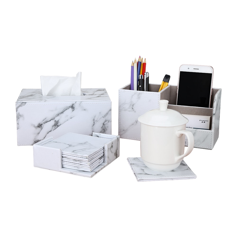 Kontorartikler marmor pu læder skrivebord arrangør sæt pen holder opbevaringsboks tissuekasse cup coaster 3 stk / sæt
