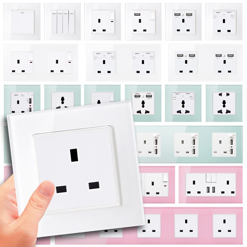 SRAN 45A DP Wall Cooker Switch + 13A BS UK Standard Switched Socket With Neon 3x6 Size Crystal Tempered Glass Panel