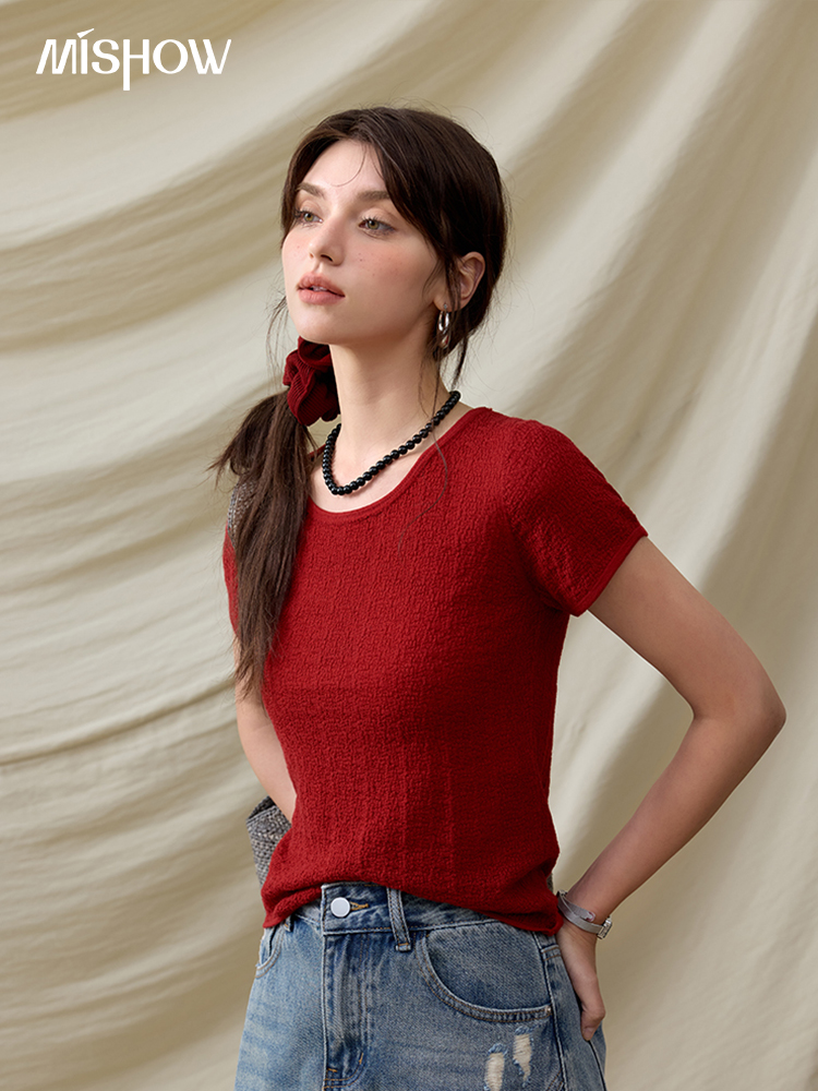 MISHOW Office Lady Women’s T-shirts Summer Short Sleeve Round Neck Solid Slimming Knitted Shirt Female MXE34Z1257