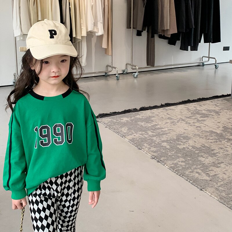 Primavera bambini vintage verde numero felpe ragazze allentate casual cotone top vestiti
