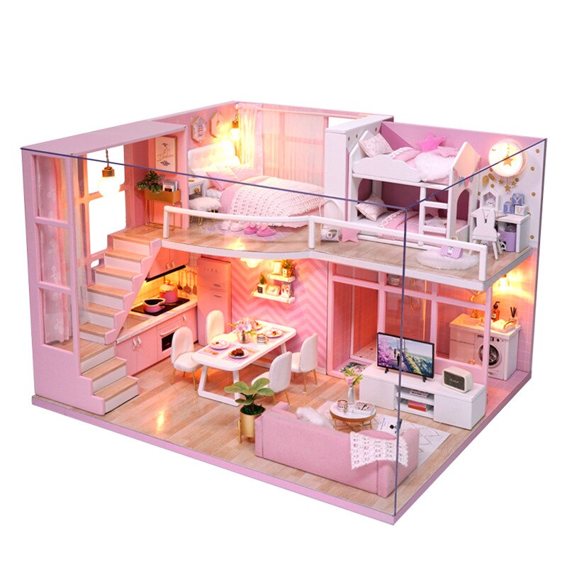 Leuke Kamer Poppenhuis Houten Huisje Handgemaakte Diy Poppenhuis Miniaturen Meubels Speelgoed Voor Kinderen Casa De Boneca