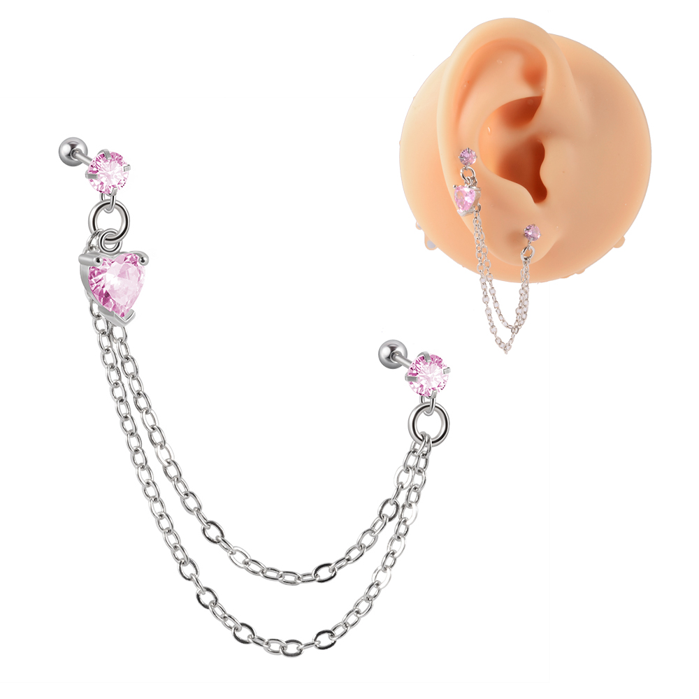 1Pc Chirurgisch Staal Cz Gem Oor Tragus Kraakbeen Piercing Zirkoon Dangle Chain Earring Conch Oor Stud Helix Piercing Body sieraden: 1PC Pink Heart