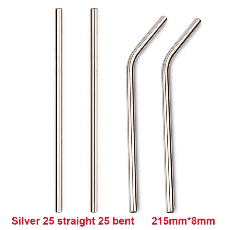 Metal sugerør 50 stk/parti genanvendelige rustfrit stål sugerør øko-venlige drikkerør 215mm*8mm lige bøjede sugerør til drink: Sølv 50 blandet