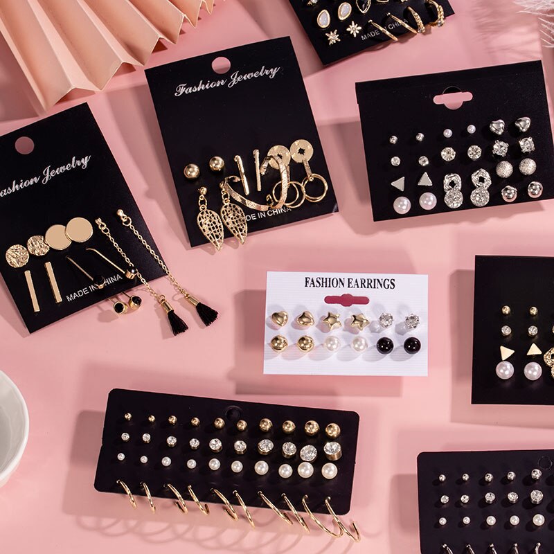 Women's Earrings Set Pearl Stud Earrings For Women Bohemian Geometric Small Crystal Heart Earrings Punk Jewelry