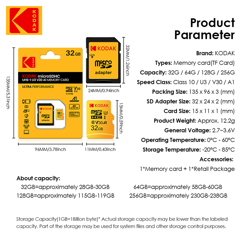 Oryginalna karta pamięci Kodak Micro SD 128 GB klasy 10 Karta pamięci 64 GB Karta pamięci 256 GB 32 GB V30 U3 do rejestratora jazdy