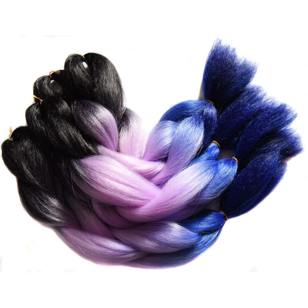 Sallyhair 24inch Ombre 3 Tone Black Purple Silver Grey Color Synthetic Braiding Hair Extension Colored Bulk Hair: T1B/350