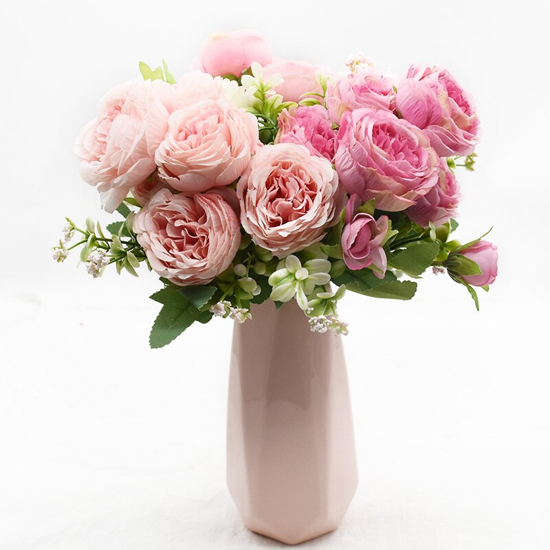1 stk 5 gafler 9 blomster bryllup hjemmedekorasjon tilbehør kunstig peon bukett gjør det selv blomsterarrangement jul