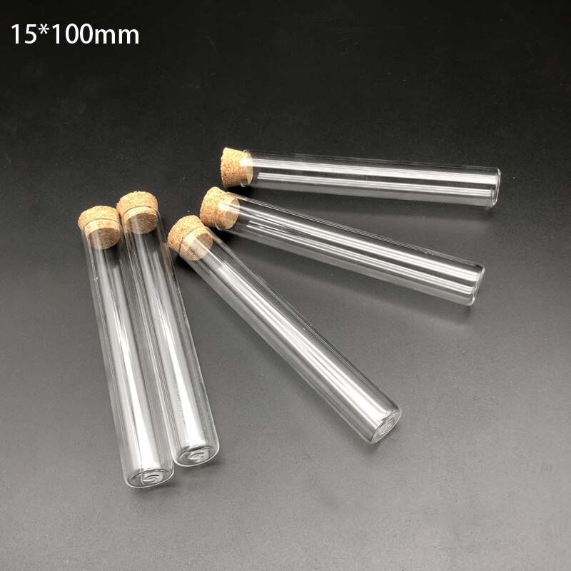 15x100mm Lab Clear Flat Bottom Glass Test Tubes With Cork Wooden Stoppers Laboratory Supplies 50pcs/Pack