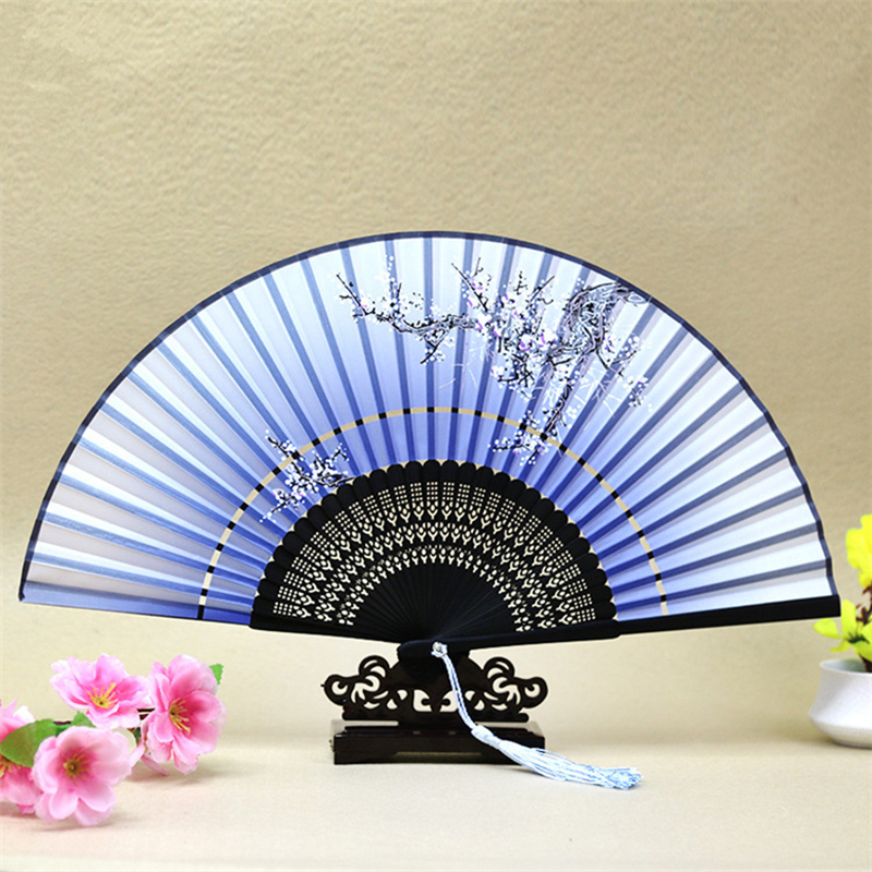 Chinese Style Carved Bamboo Craft Fan Two Sections Folding Silk Cloth Hand Fans Handmade Home Decoration