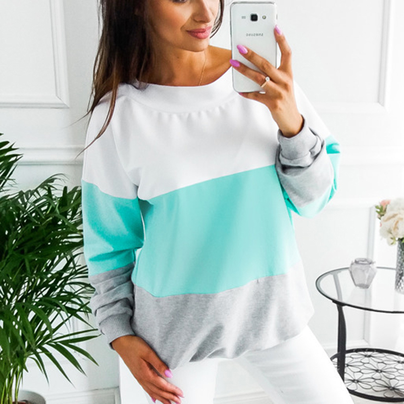 Female Pullovers Tops Sport Colors Patchwork Women O-Neck Sweatshirts Back Lace-up Long Sleeve Tennis T-Shirt