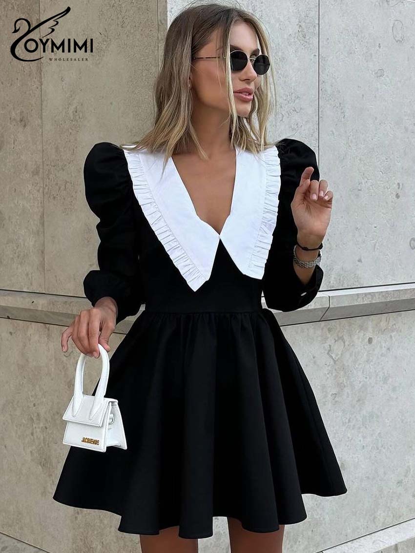 Oymimi Elegantes schwarzes Patchwork-Damenkleid, lässiges Peter-Pfanne-Kragen-Kleid mit drei Viertelärmeln, modische plissierte Minikleider