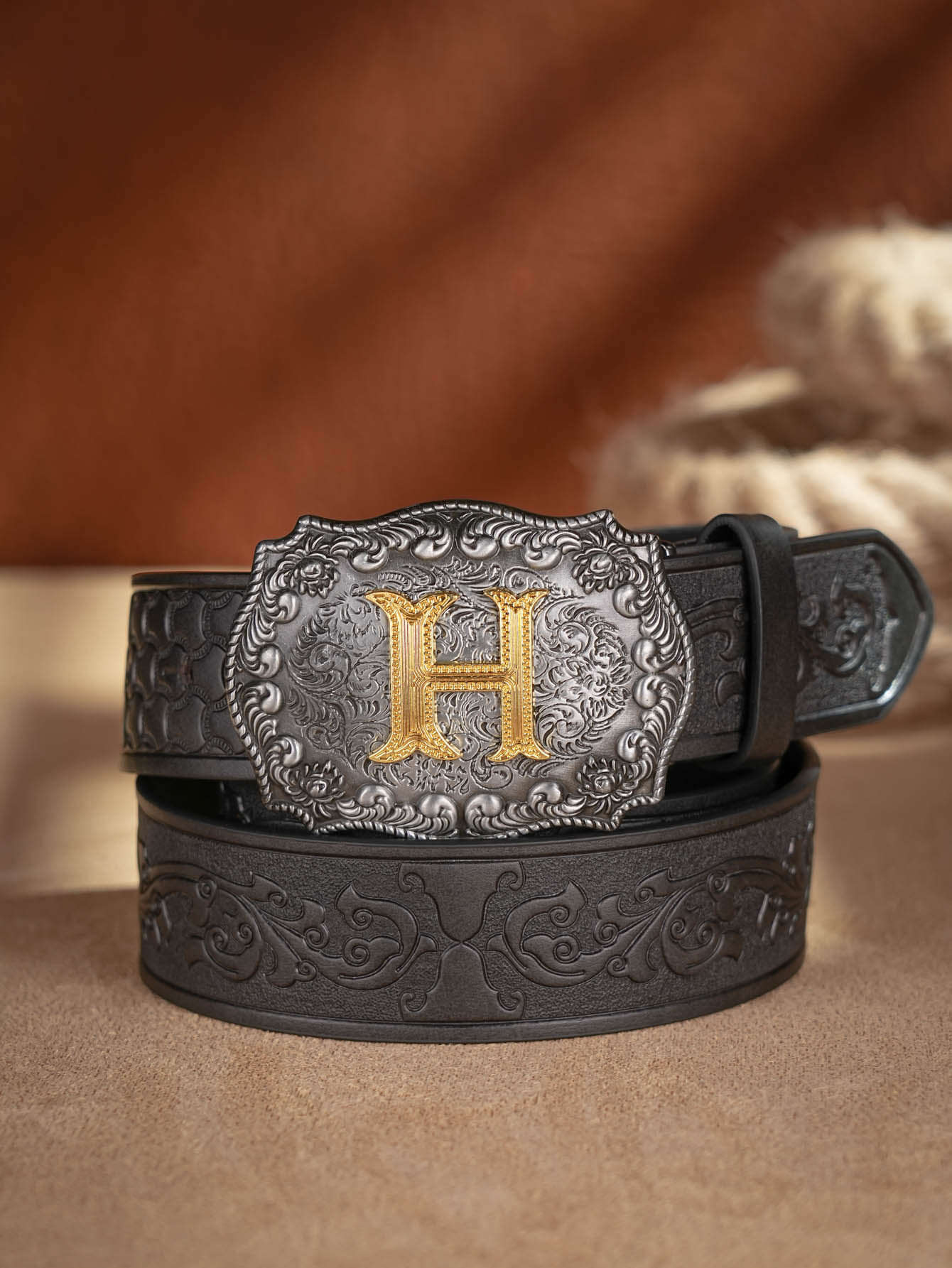 Cinturón de cuero PU de vaquero occidental - Correa de cintura para hombre Decoración de toro con grabado floral para jeans: Lavanda