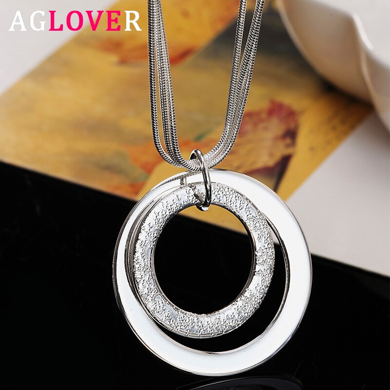 AGLOVER 925 Sterling Silver 18 Inch 3 Snake Chain 2 Frosted Circle Pendant Necklace For Woman Man Wedding Jewelry