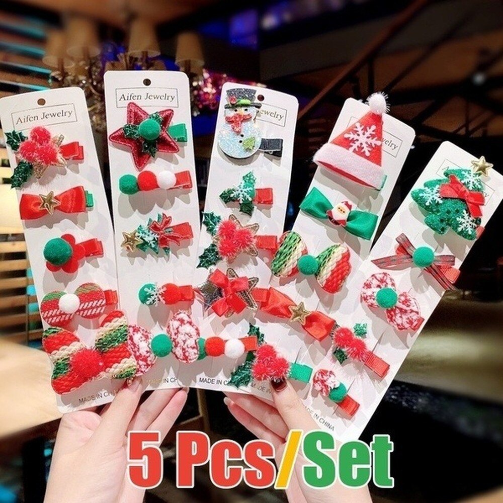 5pcs/set Christmas Hair Accessories Snowman Santa Claus Side Hair Pinch Autumn Winter Lovely Christmas Hairpin Set Jewelry