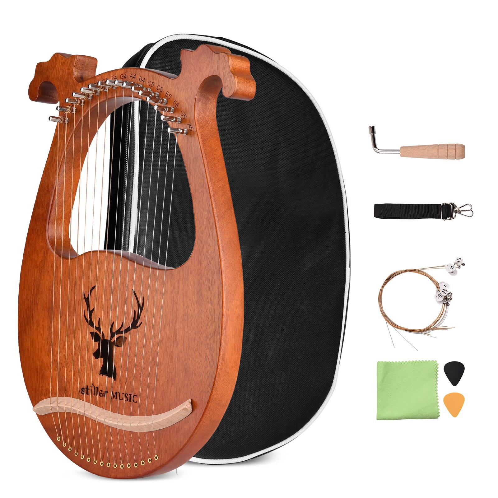 ammoon 16 String Lyre Harp Solid Wood String Instrument with Elk Pattern Storage Bag Tuning Hammer Strings Cleaning Cloth Picks