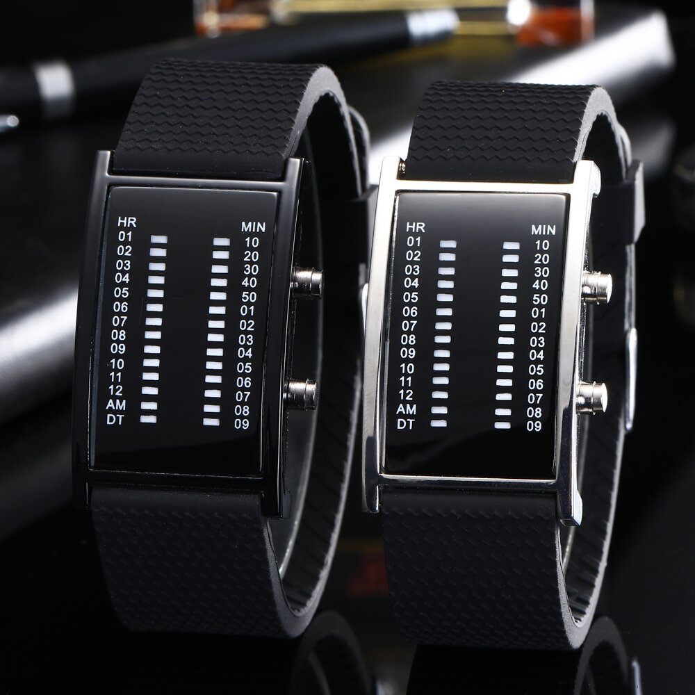 Luxe Lovers Horloge Waterdicht Mannen Vrouwen Rubber Strap Blue Binary Lichtgevende Led Elektronische Display Sport Horloges Mode