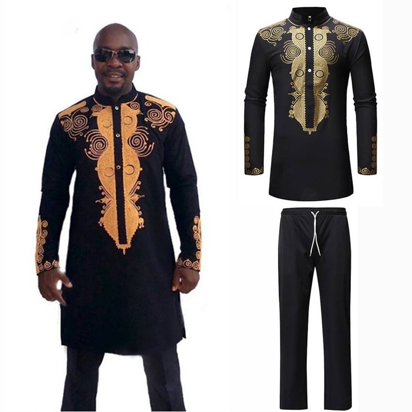 Volledige Mouw Luxe Man Shirt Broek Set 3D Print Afrikaanse Stijl Hip Hop Street Wear Mannelijke Dashiki Shirt Tops Bazin riche Outfit