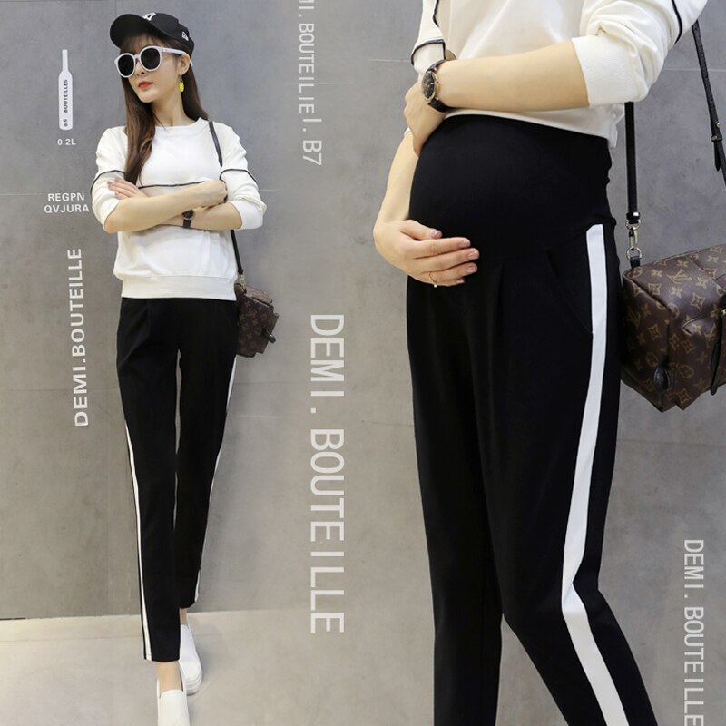 Leggings de forro polar dorado para mujeres embarazadas, pantalones de maternidad de retales a rayas laterales, terciopelo grueso, pantalones abdominales cálidos para invierno