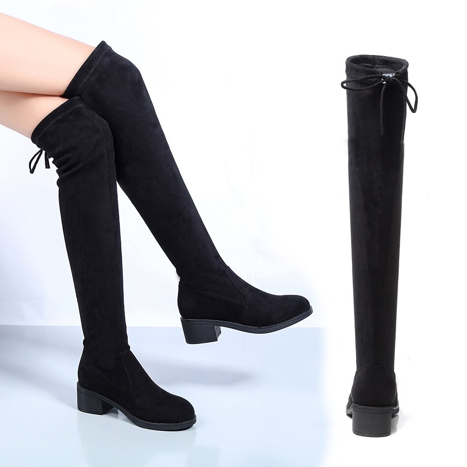 Koovan – bottes au dessus du genou pour femme, extensibles, à tête ronde, Style, automne et hiver,