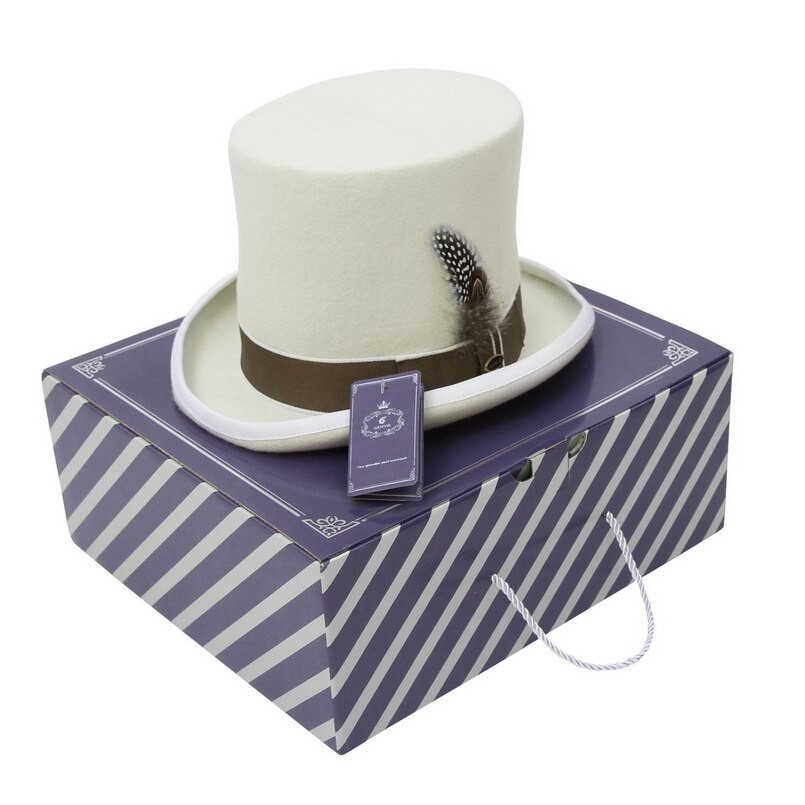 GEMVIE 17cm 100% wełna czuł biały szczyt kapelusz ręcznie pióro cylinder kapelusz dla mężczyzn/kobiety szalony kapelusznik kostium fedora magiczny kapelusz cylinder