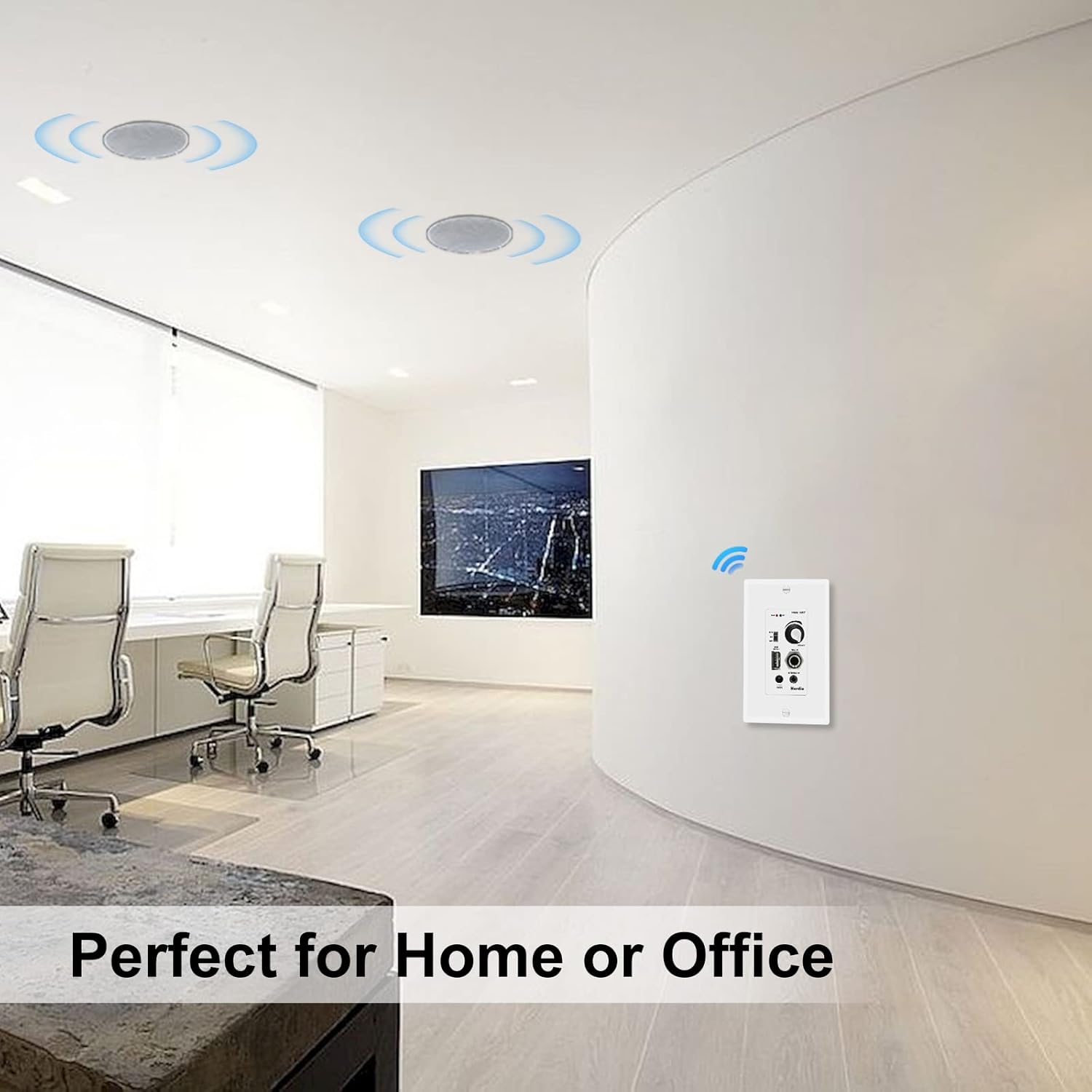 Herdio Bluetooth Wall Amplifier 4 Channels Volume Control Wall Plate USB/AUX Inputs Connect 4 Speakers With 12V3A Power Supply
