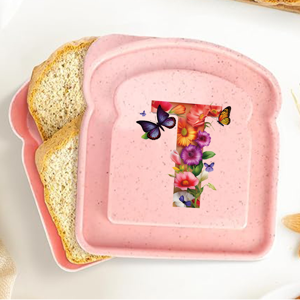 Caja de almacenamiento para tostadas y sándwiches con tapa, fiambrera portátil para alimentos, bolsa de almuerzo para pan, contenedor organizador Bento, patrón de letras de mariposa: Plata
